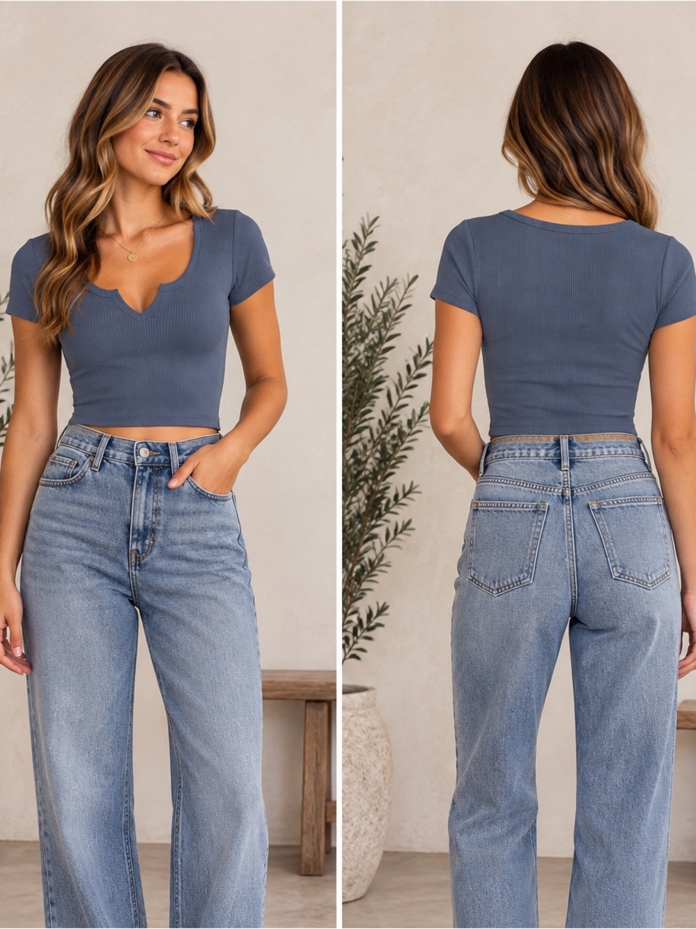 Hollister Ribbed Notch Neck Crop Top Slate Blue Size Small